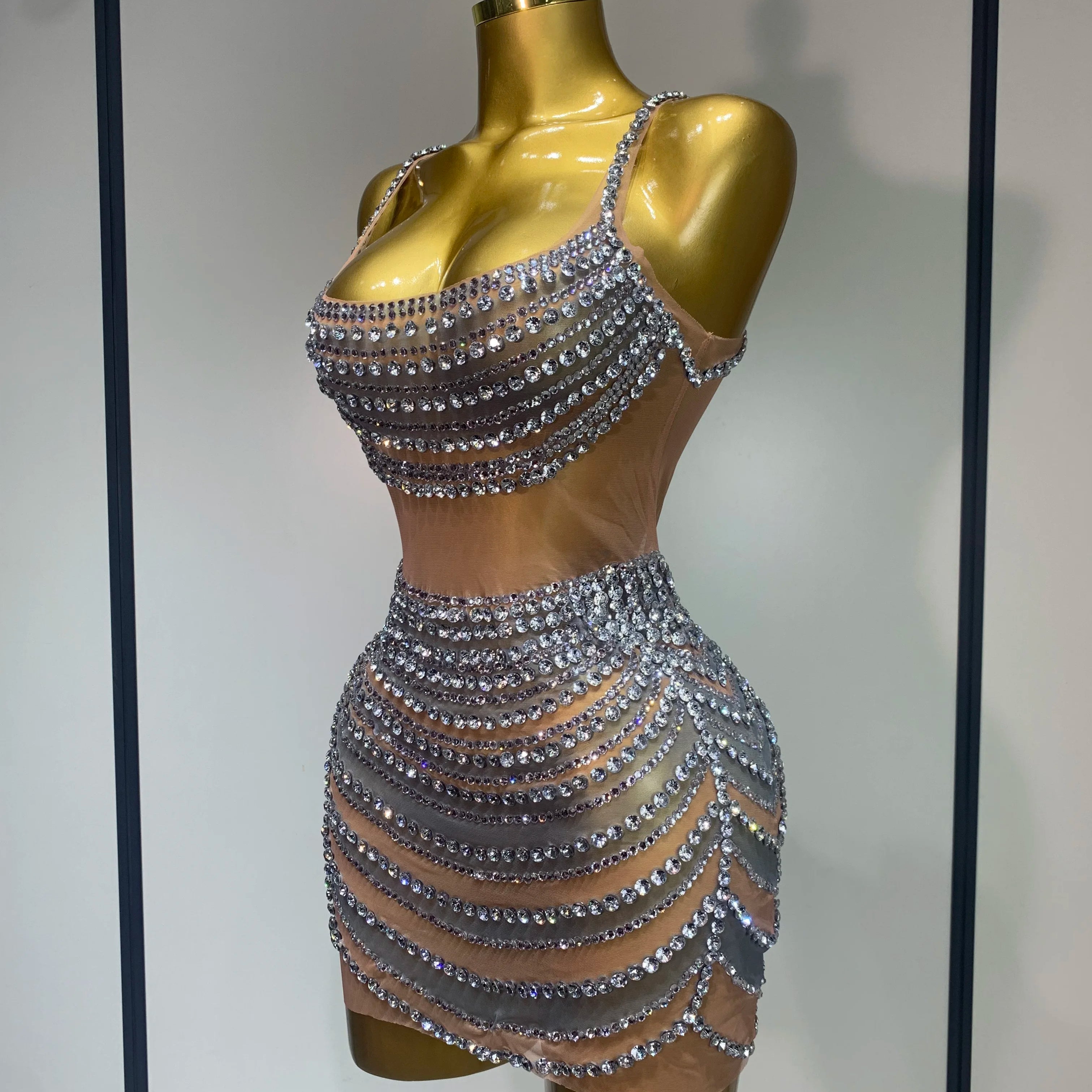 Sparkly Rhinestones Sleeveless Mini Dress Evening Birthday Celebrate Evening Party Dress Nightclub Stage  Performance Costume