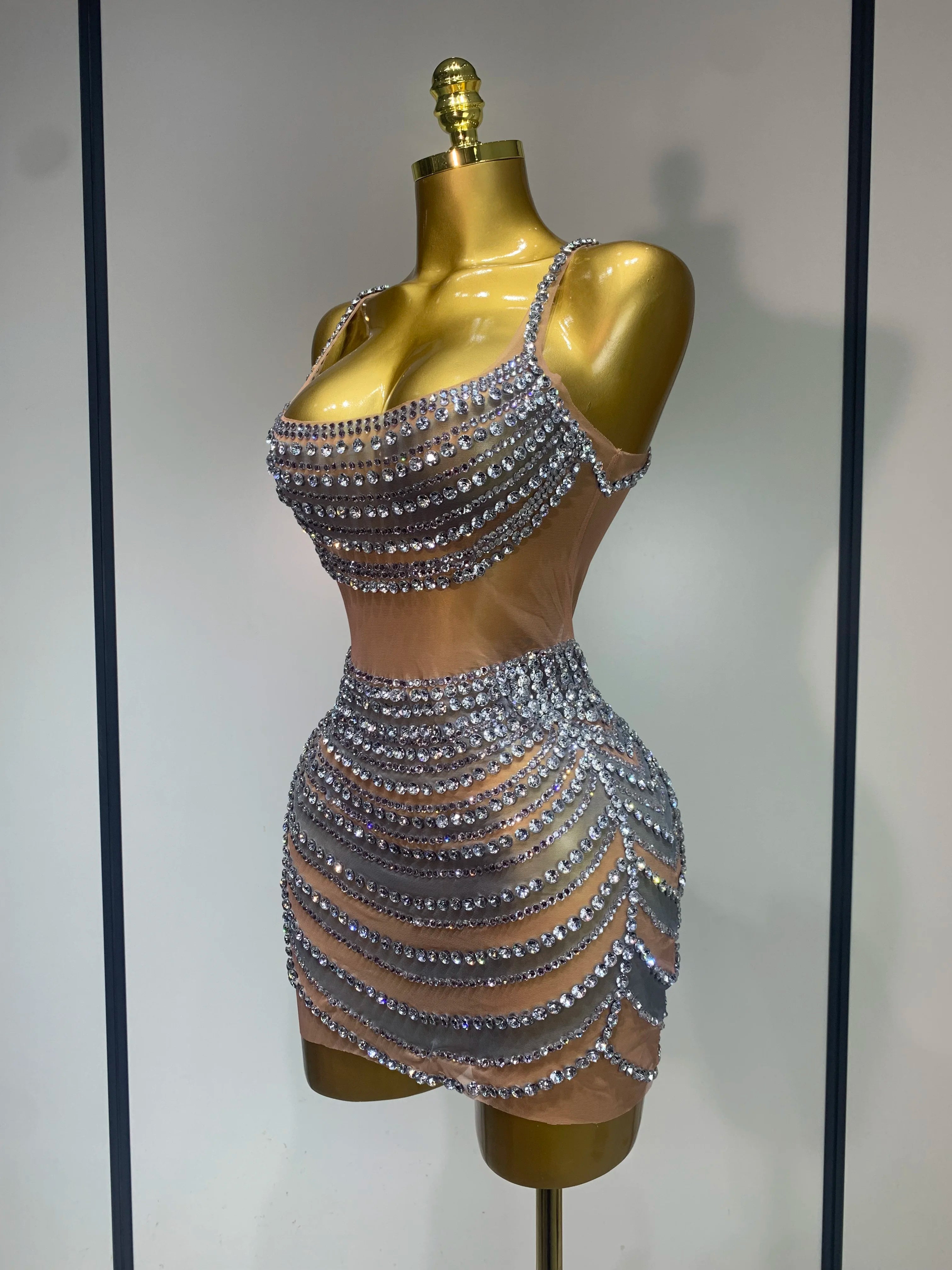 Sparkly Rhinestones Sleeveless Mini Dress Evening Birthday Celebrate Evening Party Dress Nightclub Stage  Performance Costume