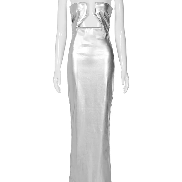 Pu Leather Strapless Solid Hollow Out Slit Sexy Bodycon Maxi Prom Dress Summer Fall Elegant Slim Outfit Wedding Party