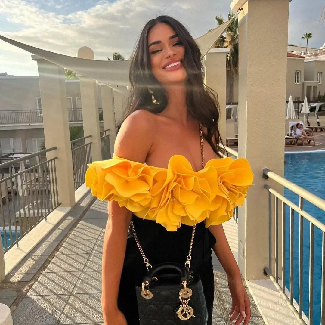 Solid Yellow Women Sexy 3D Flower One Piece Swimsuit Swimwear Off Shoulder Beachwear Summer Monokini Surf Wear Bathing Suit