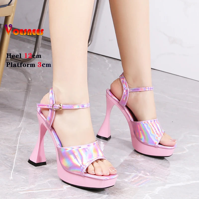 Laser 12CM Women Sandals Peep Toe Platform Shiny Colors Block Heels Pumps Summer Thick High Heel Shoes Woman Outdoor Slides