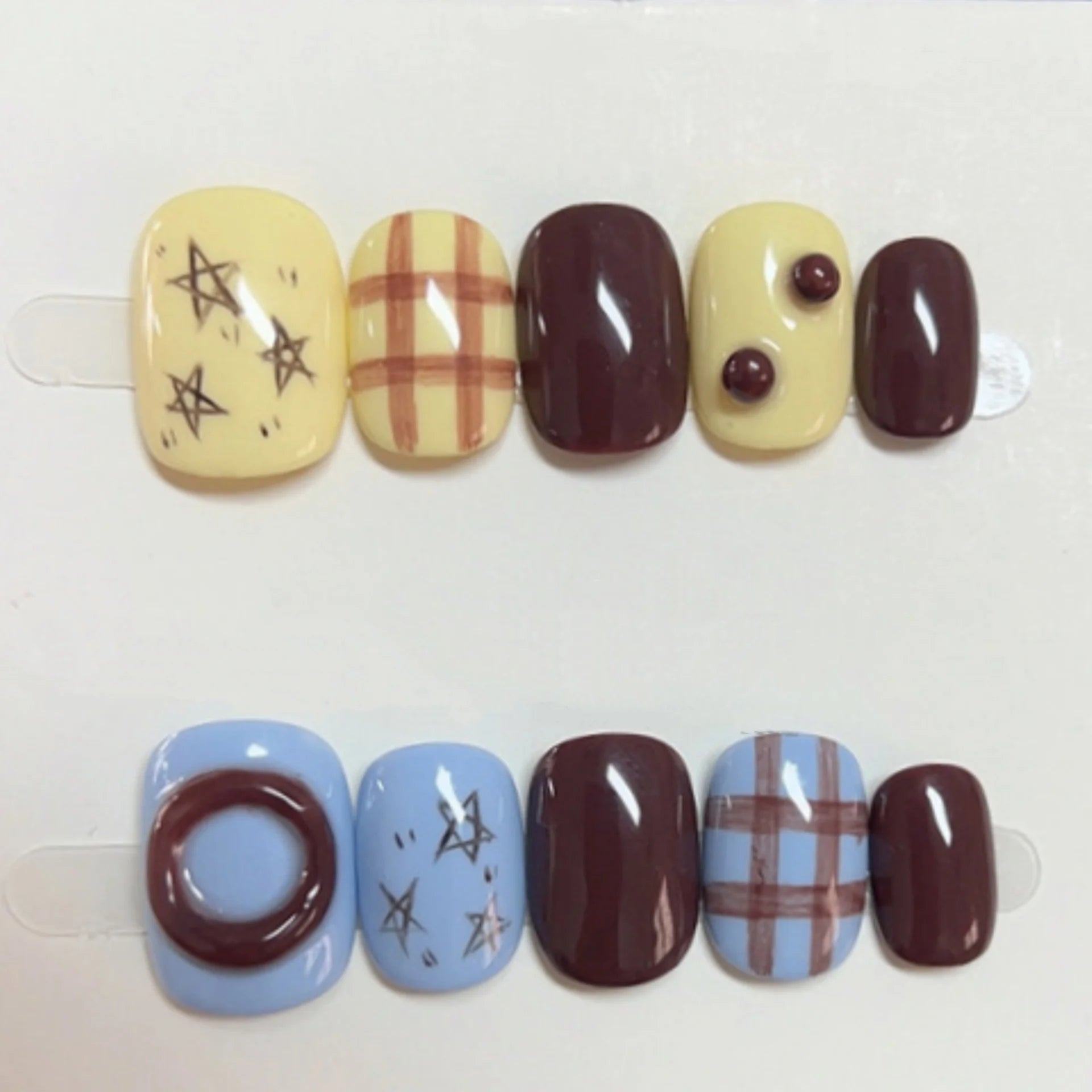 10pcs Simple Short Square Round False Nails Art Star Stripes Design Handmade Press on Nails Tips Blue Glitter Fake Nail Finished