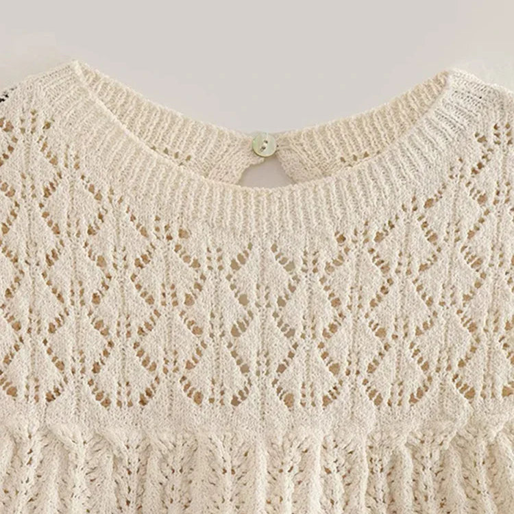 Women Knit Mesh Jacquard Skirts Sets Sweet Hollow Out O-neck Sleeveless Vest Top Summer A-Line Drawstring Mini Skirt Outfit