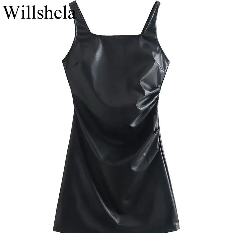 Women Fashion Black PU Leather Mini Slip Dress Vintage Square Collar Back Zipper Sleeveless Female Chic Lady Dresses