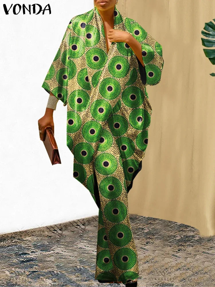 Plus Size 5XL VONDA Women Pants Sets Vintage 3/4 Sleeve Elastic Waist Tops+Trousers Casual Pleated Wide Leg Pants Elegant Suits