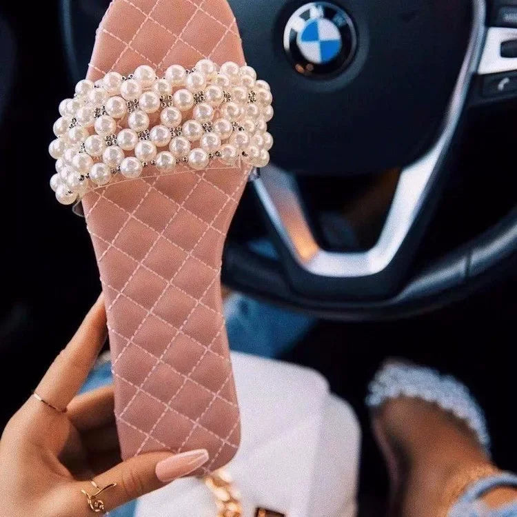 Spring and Summer Women's Pearl Rhinestones Women's All-match Casual Slippers Fashion Solid Flat Shoes Sandals Pink