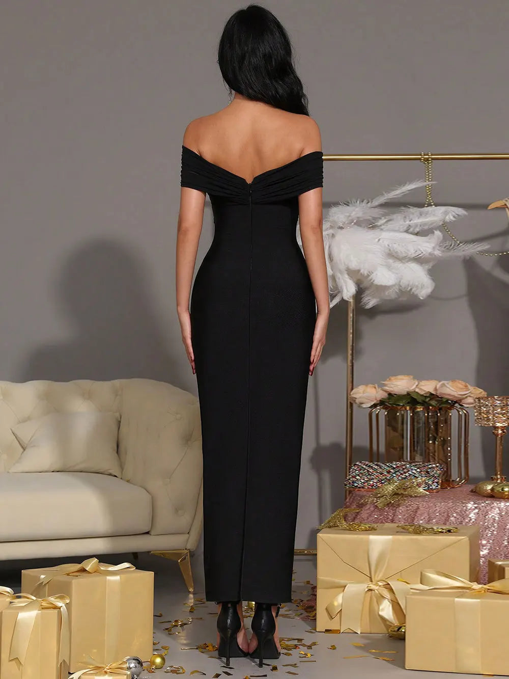 2025 Women's Light Luxury Nail Diamond Design Bandage Dress with Off Shoulder Shoulder Sleeve Bodycon Long Dress Party Vestidos