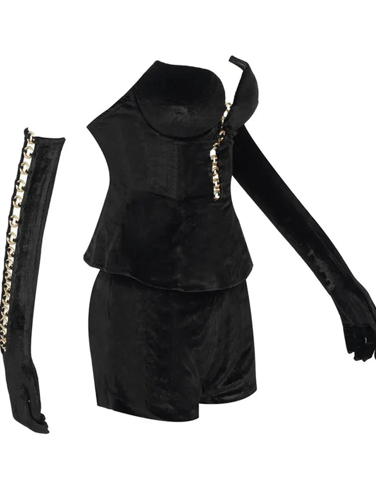 Luxury Women Winter Sexy Strapless Backless Circle Sequined Black Mini Skirt Set Elegant Evening Club Party Outfits