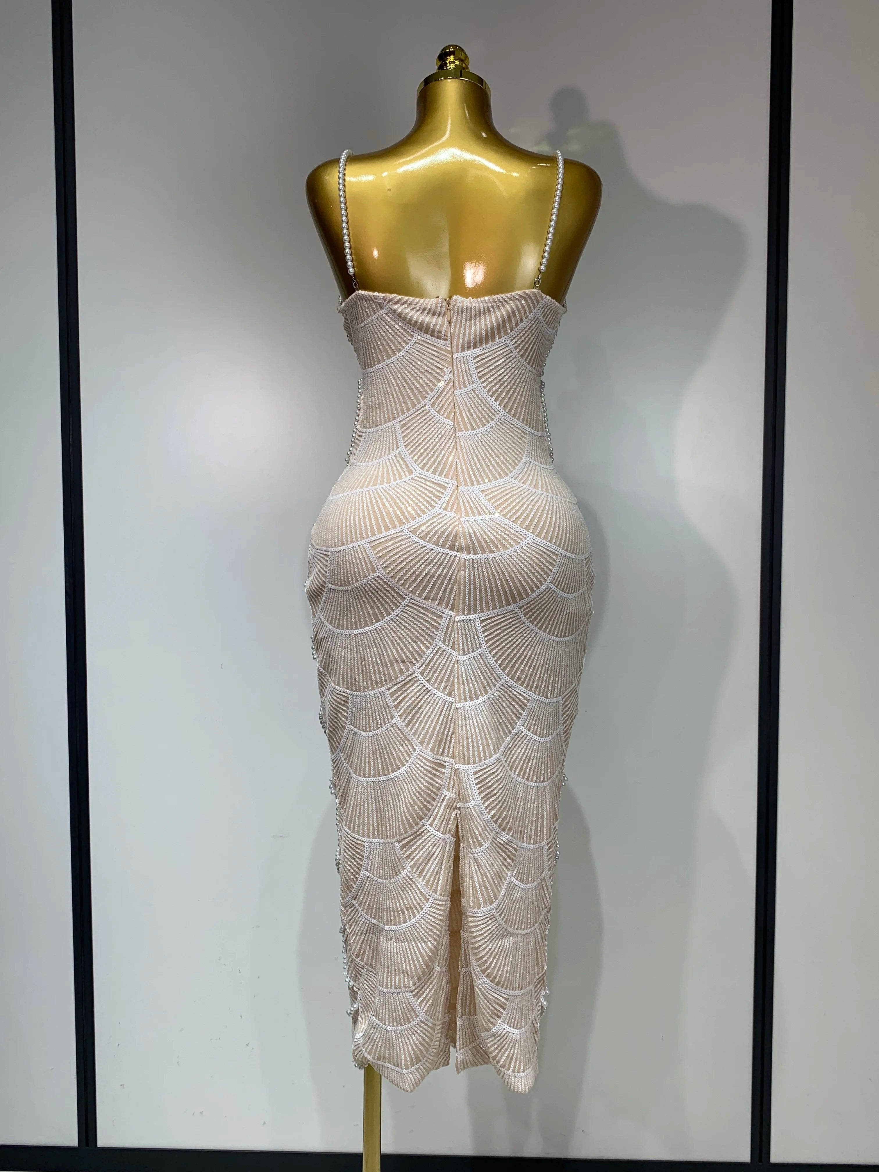 Women Sexy V Neck Pearl Beading Cut Out Maxi Long Bodycon Prom Gowns Dress Luxury Birthday Elegant Evening Party Club Dress