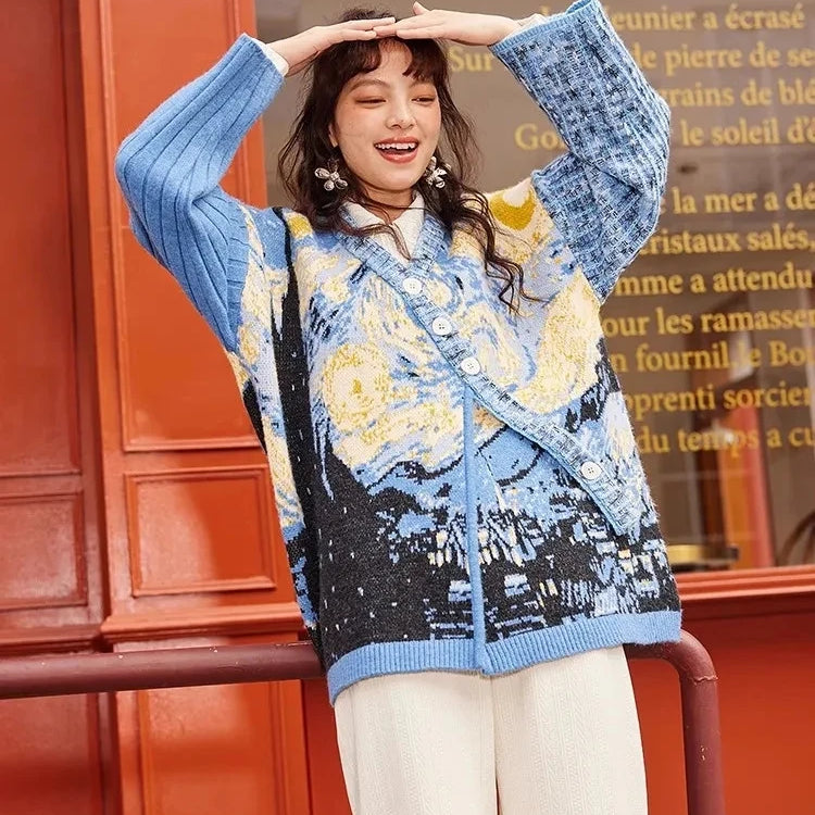 Van Gogh's collaboration "Starry Night Flower Sea" Spring and Autumn Women's New Oil Painting Diagonal Button Sweater Coat