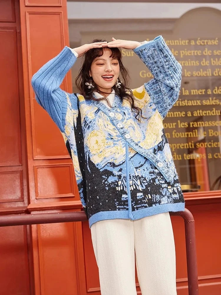 Van Gogh's collaboration "Starry Night Flower Sea" Spring and Autumn Women's New Oil Painting Diagonal Button Sweater Coat