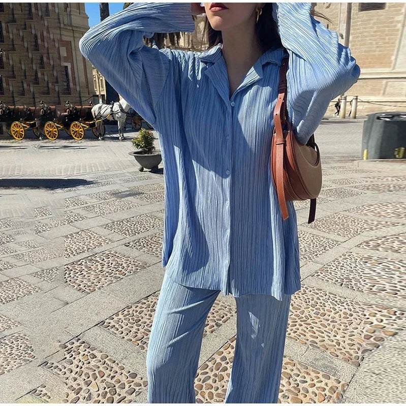 CM.YAYA Pleated Solid Women Set Long Sleeve Shirts and Straight Wide Leg Pants Suits Tracksuit Two Piece Set Fitness Outfits