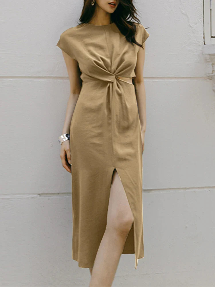 Summer O Neck Sleeveless Zipper Sundress ZANZEA Women Elegant Solid Dress Casual Sexy Split Midi Vestidos Work OL Robe Sarafans Khaki