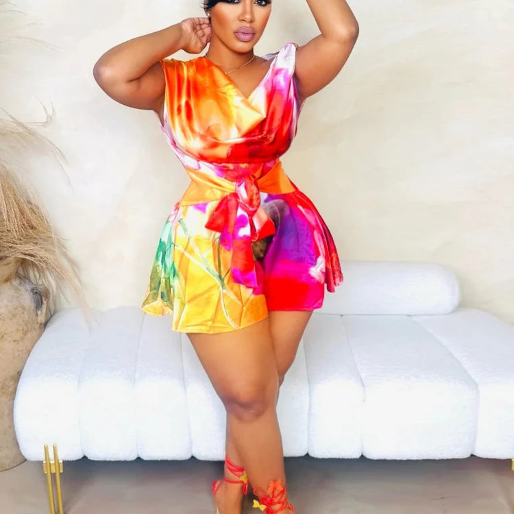 CM.YAYA Women Tie Dye Print Beach Sleeveless V-neck Sashes Sexy Party Club Playsuits Jumpsuit 2025 Summer One Piece Suit Rompers