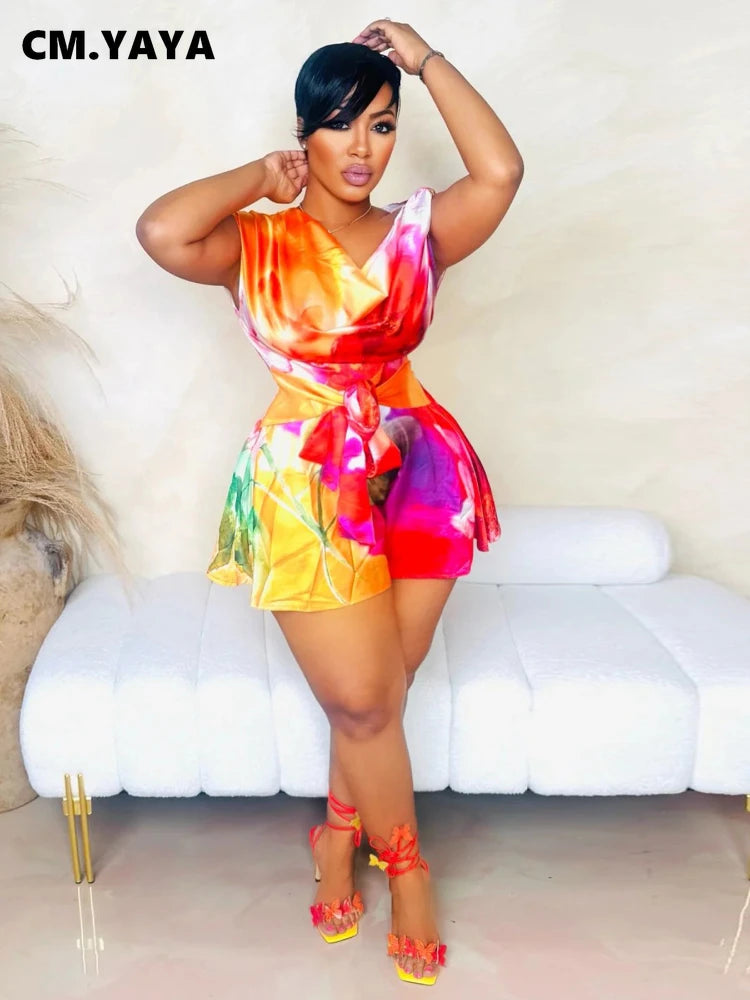 CM.YAYA Women Tie Dye Print Beach Sleeveless V-neck Sashes Sexy Party Club Playsuits Jumpsuit 2025 Summer One Piece Suit Rompers