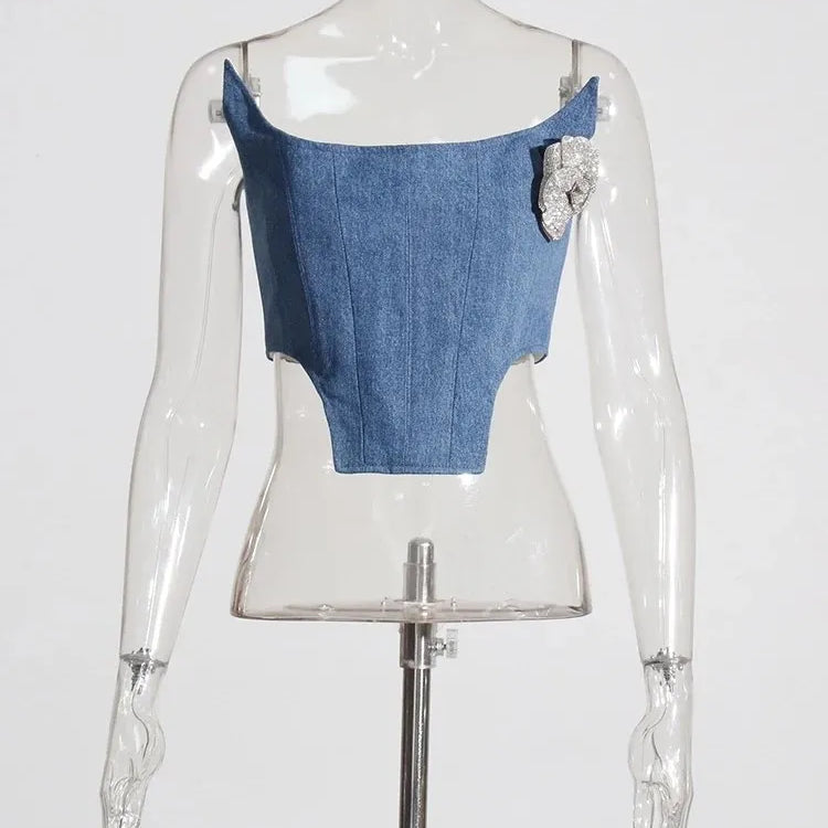 Denim Irregular Vests For Women Slash Neck Sleeveless Patchwork Appliques Slimming Vintage Vest Female Fashion 2023