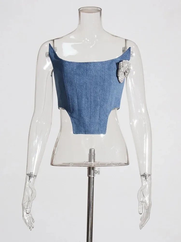 Denim Irregular Vests For Women Slash Neck Sleeveless Patchwork Appliques Slimming Vintage Vest Female Fashion 2023