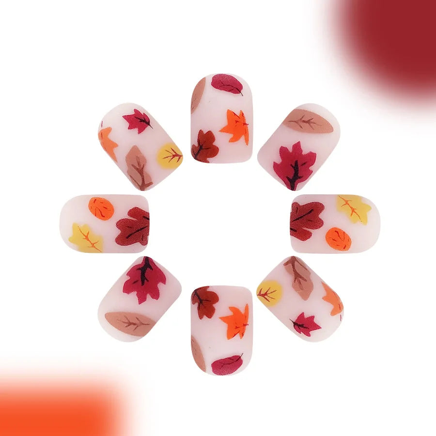 24Pcs Short Press-on Nails Set Square Fallen Leaves Design Orange Flower Nail Tips for Autumn Winter Nails Fake Women&girls Wear