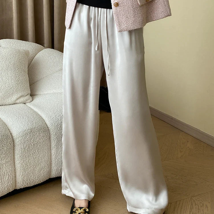 [LANMREM] Stain Drawstring Pants For Women Elastic High Waist Wide Leg Trousers Fashion Clothing Spring New 26D8234