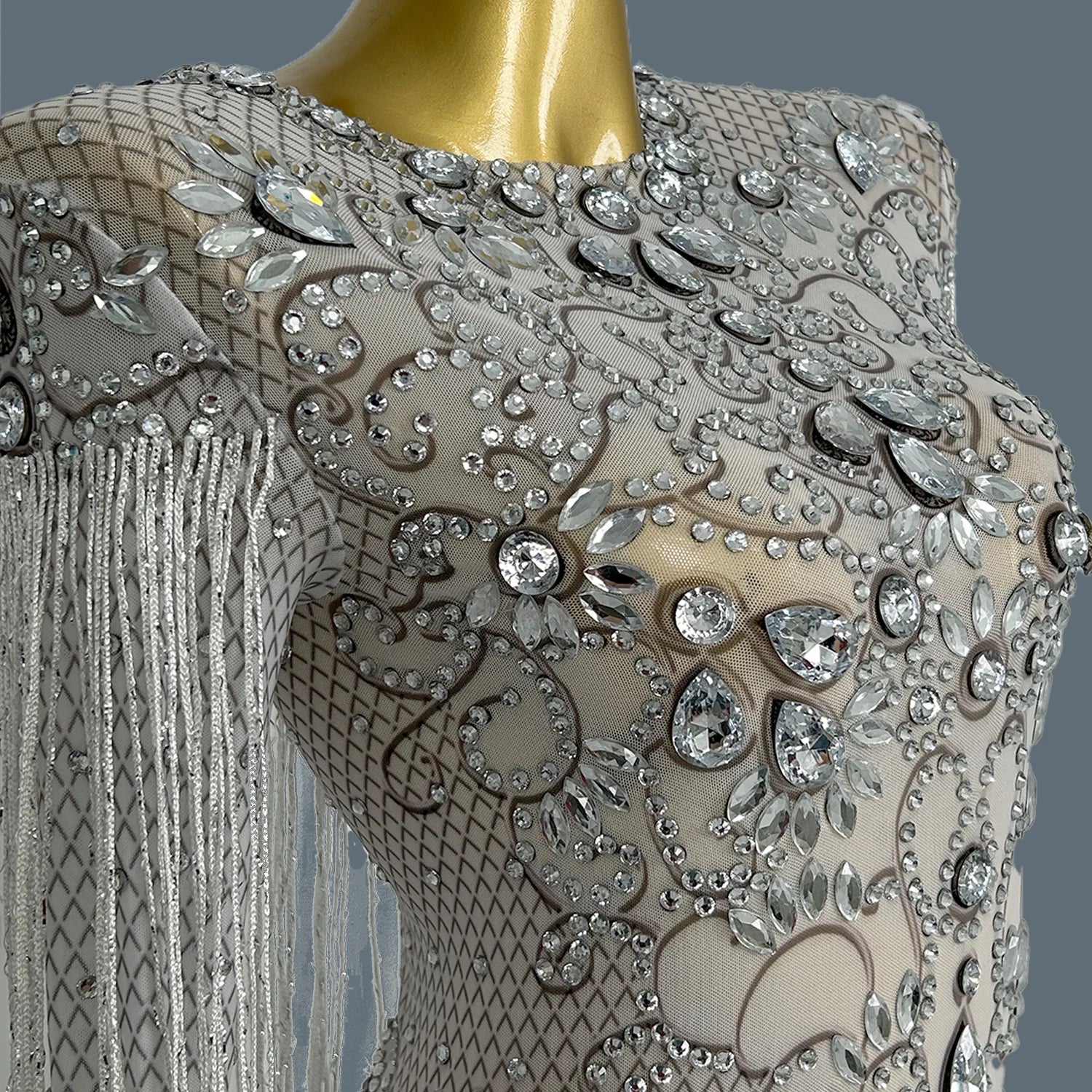 Women Sparkly Diamonds Fringes Short Dresses Evening Prom Celebrate Dress Sexy Mesh Singer Dance Show Stage Wear Hualan