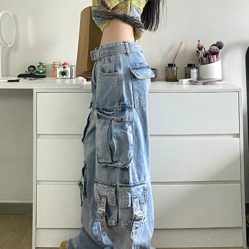 Autumn Winter New Ladies Cargo Jeans American Street Style Baggy Cargo Pants Women Blue Multi-pocket Wide Leg Jeans for Women