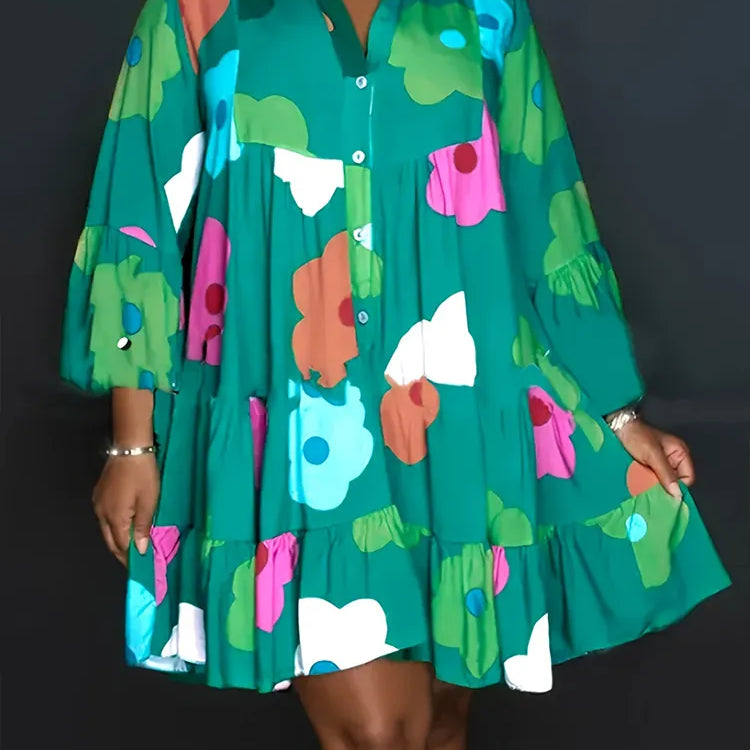 Plus Size Autumn New Floral Printed Women's Dresses,Casual Loose Button Fashion Streetwear Polyester V-Neck Pleated Dresses Green