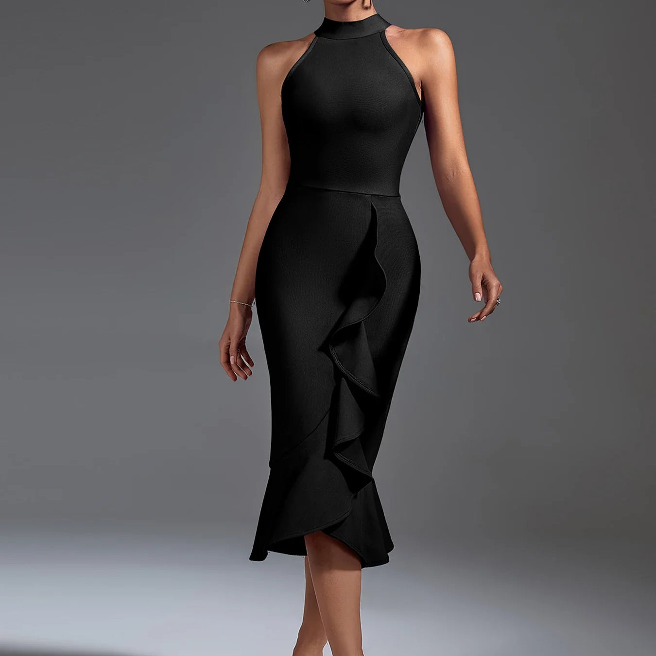 Black Bandage Dress Women Mdi Party Dress Bodycon Elegant Ruffle Mermaid Sexy Birthday Evening Club Outfits black