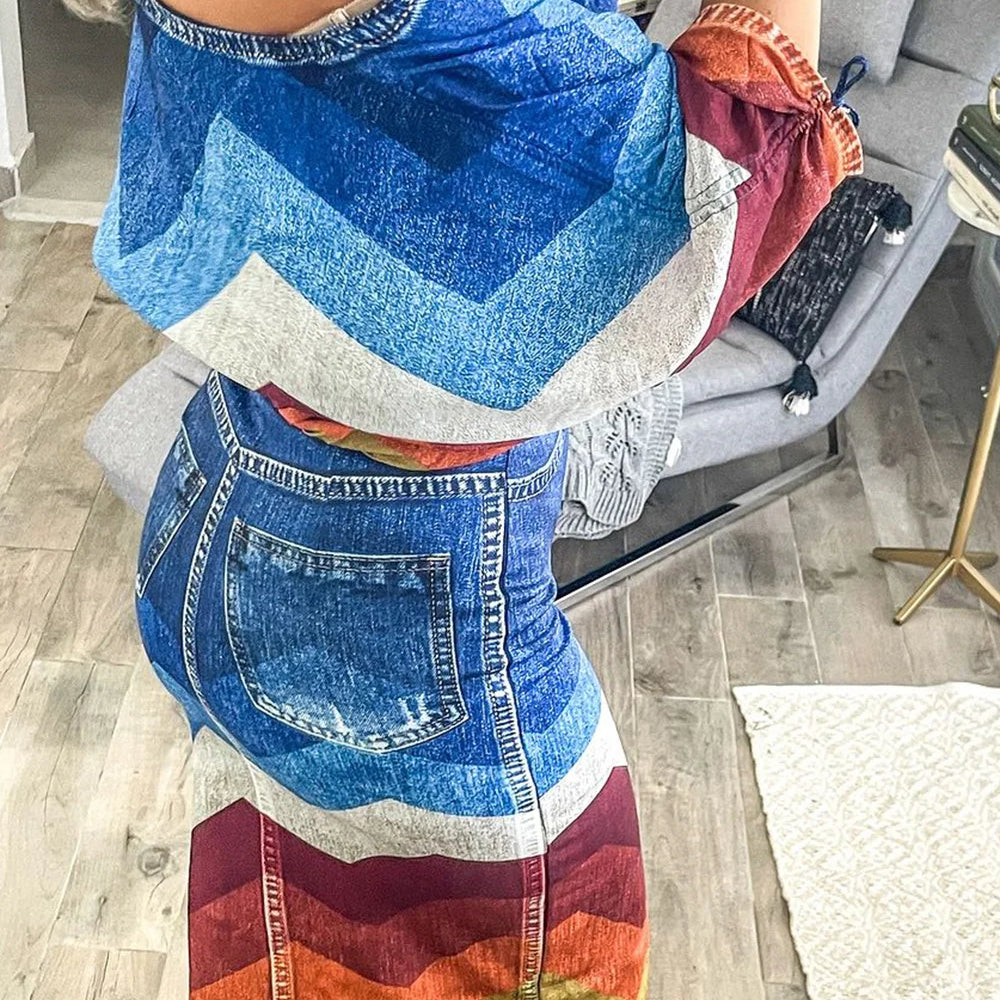 Plus Size Daily Blue Colorblock Round Neck Half Sleeve Split Denim Two Piece Skirt Sets