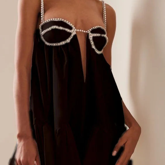 DEAT New Trendy Women's Diamonds Chain Pleated Sling Dress Spring Fashion Off-shoulder Sleeveless Dresses Female 33A1209 Black