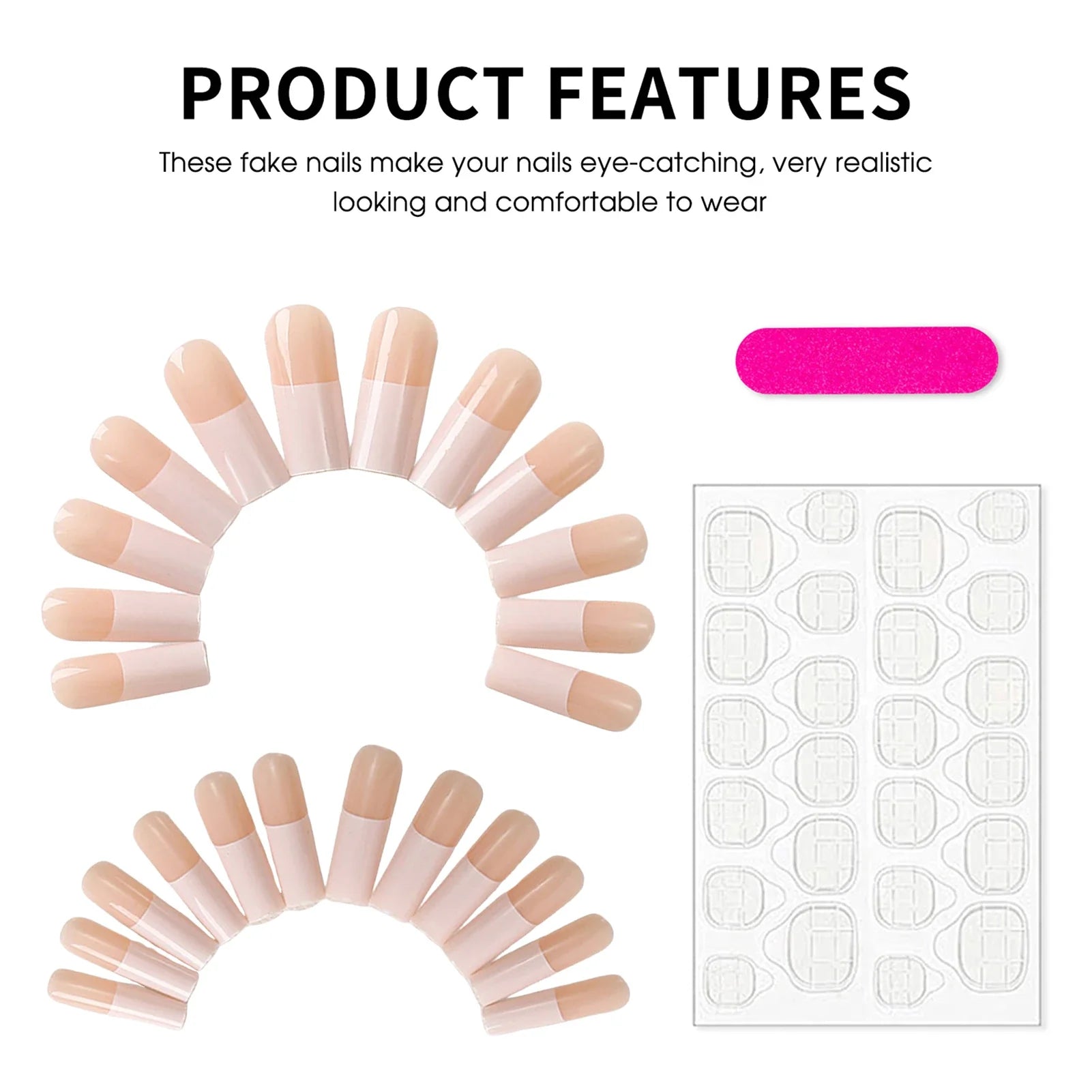 Long Coffin False Nails Minimalist Charm Manicure 24Pcs White French Press On Nails Nude Color Stick-on Fake Nails Patches