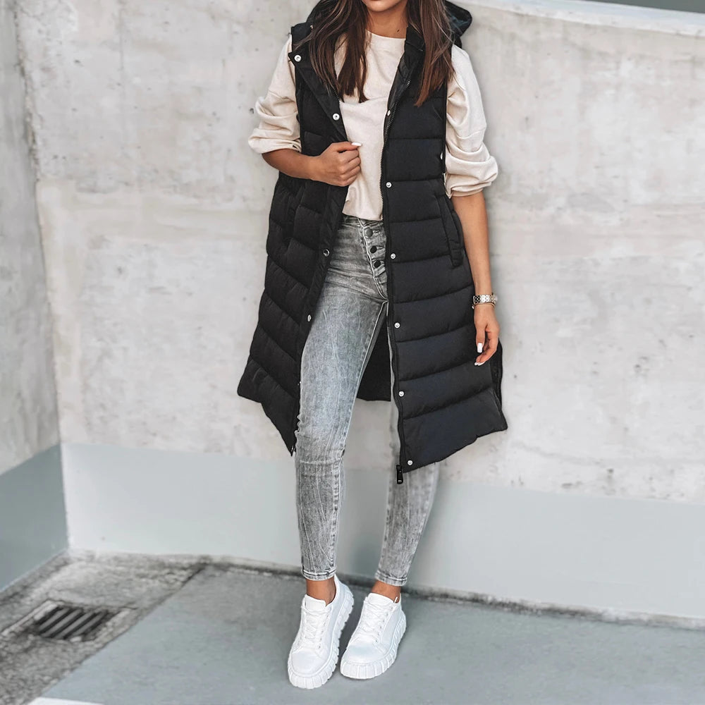 Winter New Hooded Warm Mid-length Vest Jacket Spring Women Casual Loose Solid Color Hood Sleeveless Zip Multi-pocket Waistcoat Black