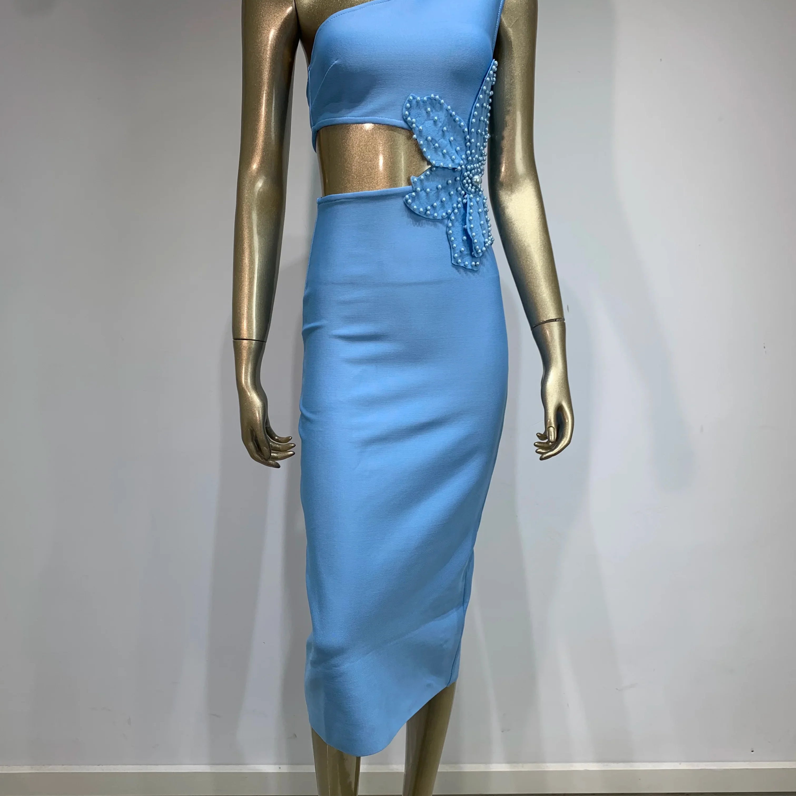 Vestido bandagem feminino celebridade sexy um ombro recortado azul celeste flor midi bodycon elegante vestido de festa para noite