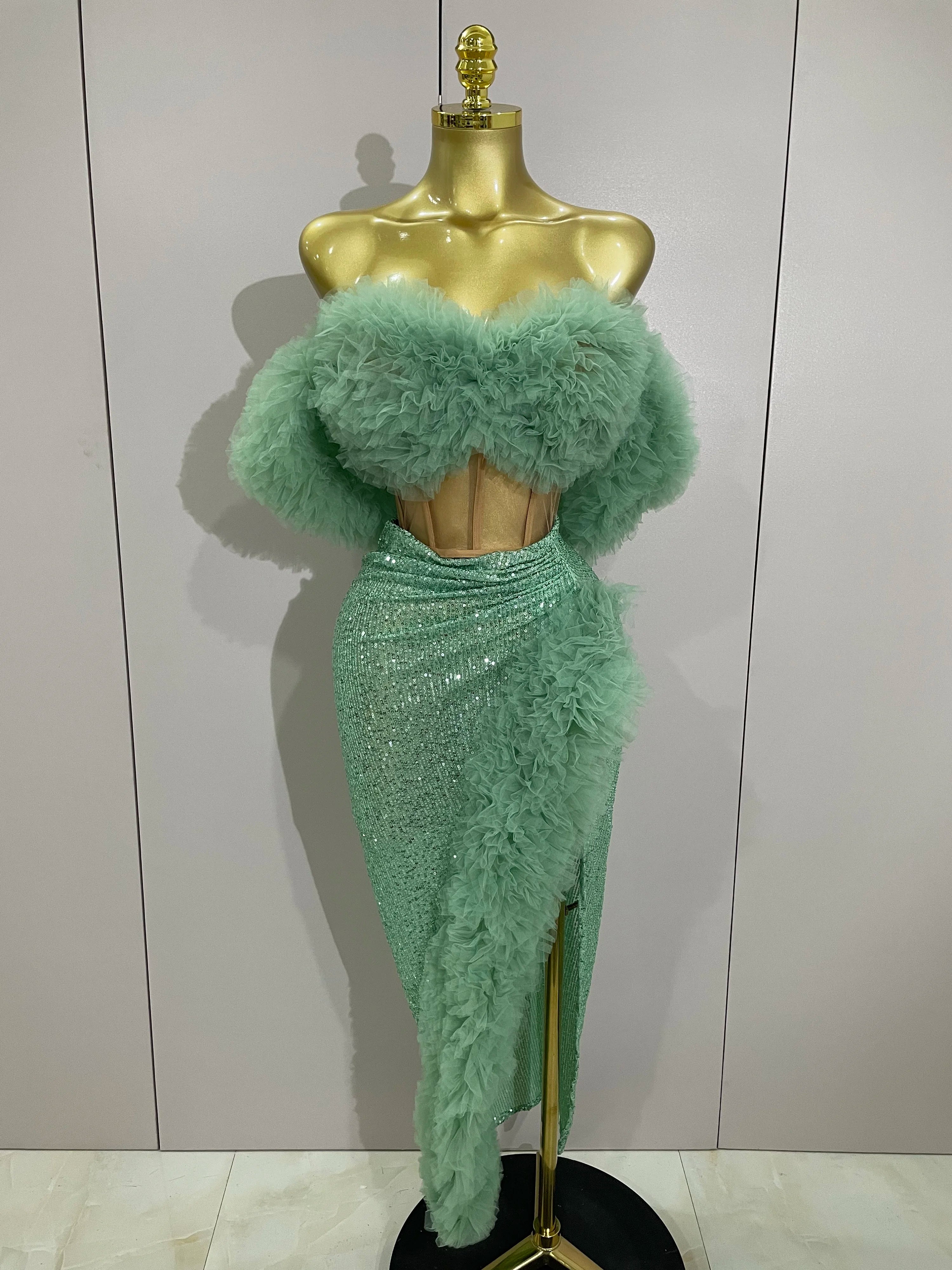 Shiny Sequins Top Short Skirt Two Pieces Set 2025 Women Sexy Celebrate Evening Prom Birthday Party Dress Nightclub Stage Outfit