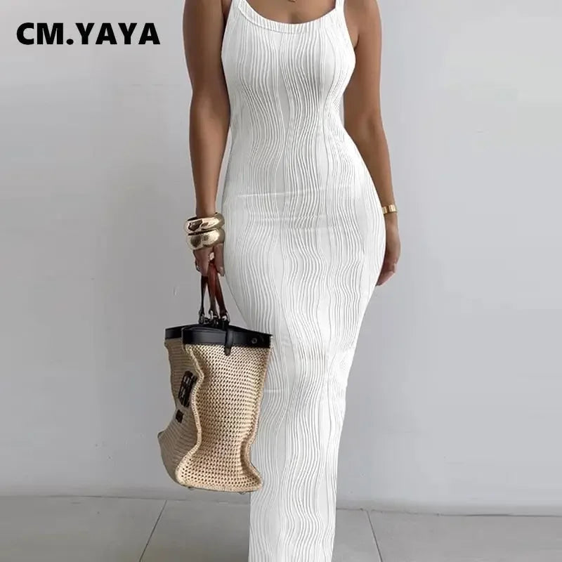 CM.YAYA Summer Women Sleeveless Strap O-neck Sexy 2024 Summer Long Evening Dress Knit Ribbon Night Club Party Maxi Dresses