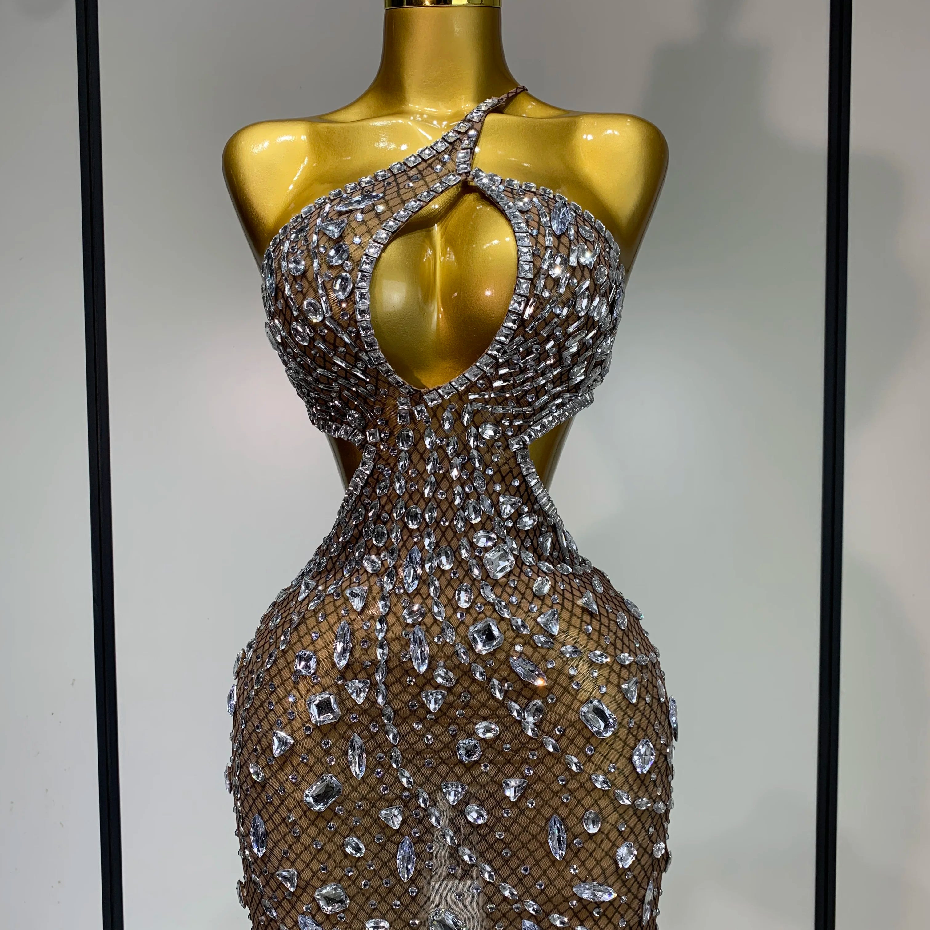 Women 2025 Sexy Backless See Through Sparkly Diamond Evening Prom Gown Luxury Birthday Celebrate Stage Nightclub Hotwife Outfit