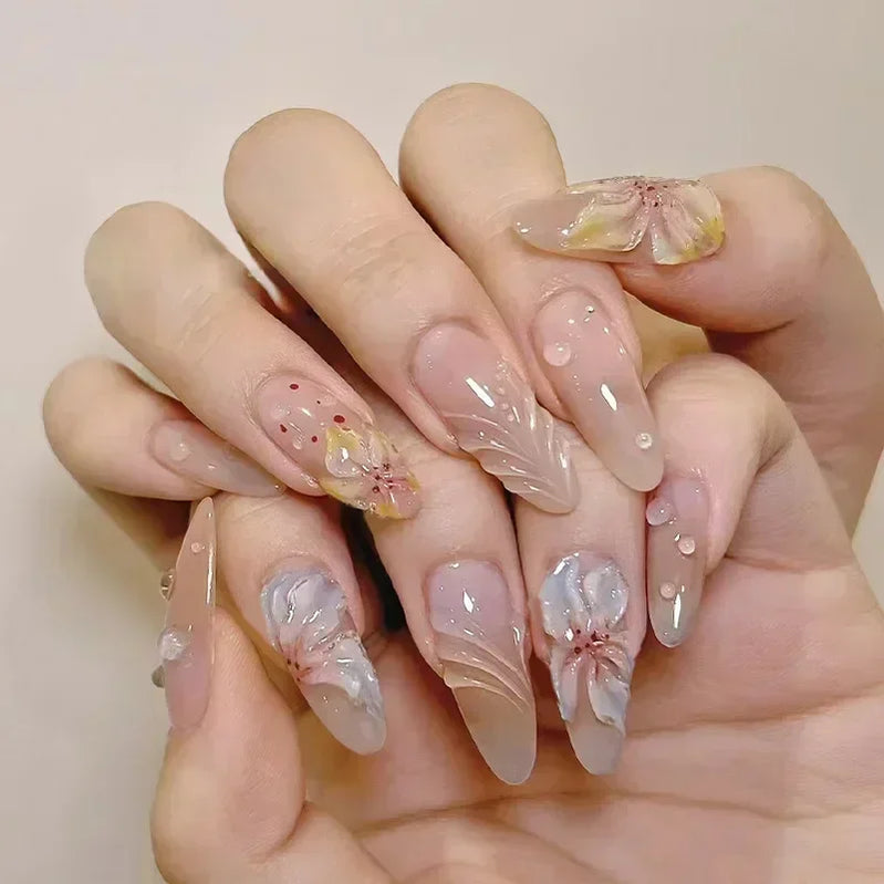 24pcs Short Almond Press on Nails 3D Flower Butterfly Fake Nails with Glue Colorful Natural Acrylic False Nails Full Cover Nails