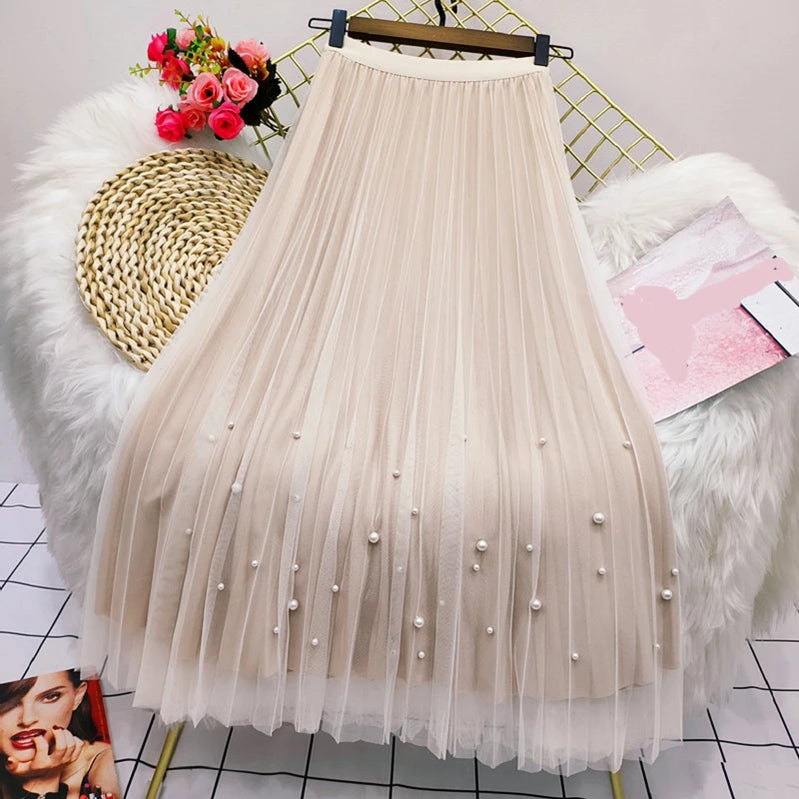 Both Sides Wear Pearls Mesh Skirt Women Summer Velvet High Waist Long Skirts Woman Solid Color A Line Pleated Skirts apricot One Size
