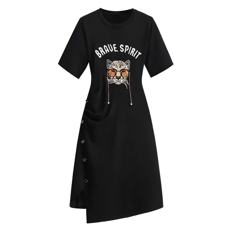 Autumn New Irregular Short Sleeves Women's Printed Street Fashion Inside Knitted Dresses Tunics