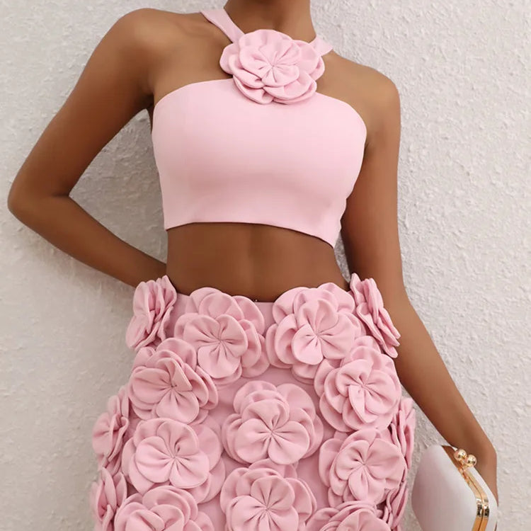 Women Celebrity Sexy Tank Flower Backless Pink Mini Summer Skirt Set 2024 Elegant Evening Club Party Outfits