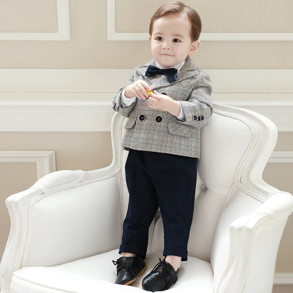 Suit for Kids Wedding autumn and winter Lattice Jacket black Pants braces Boys Blazer Casual Clothes Baby 1-8 Years Outfit