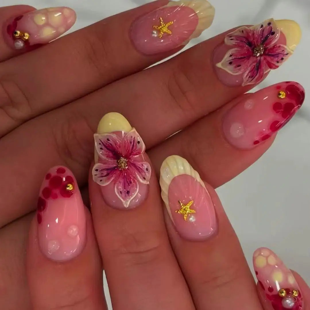 24Pcs Pink Gradient Flower Press on False Nails Pearl Starfish Wearable Full Cover Nails Tips Mid-length French Almond Fake Nail