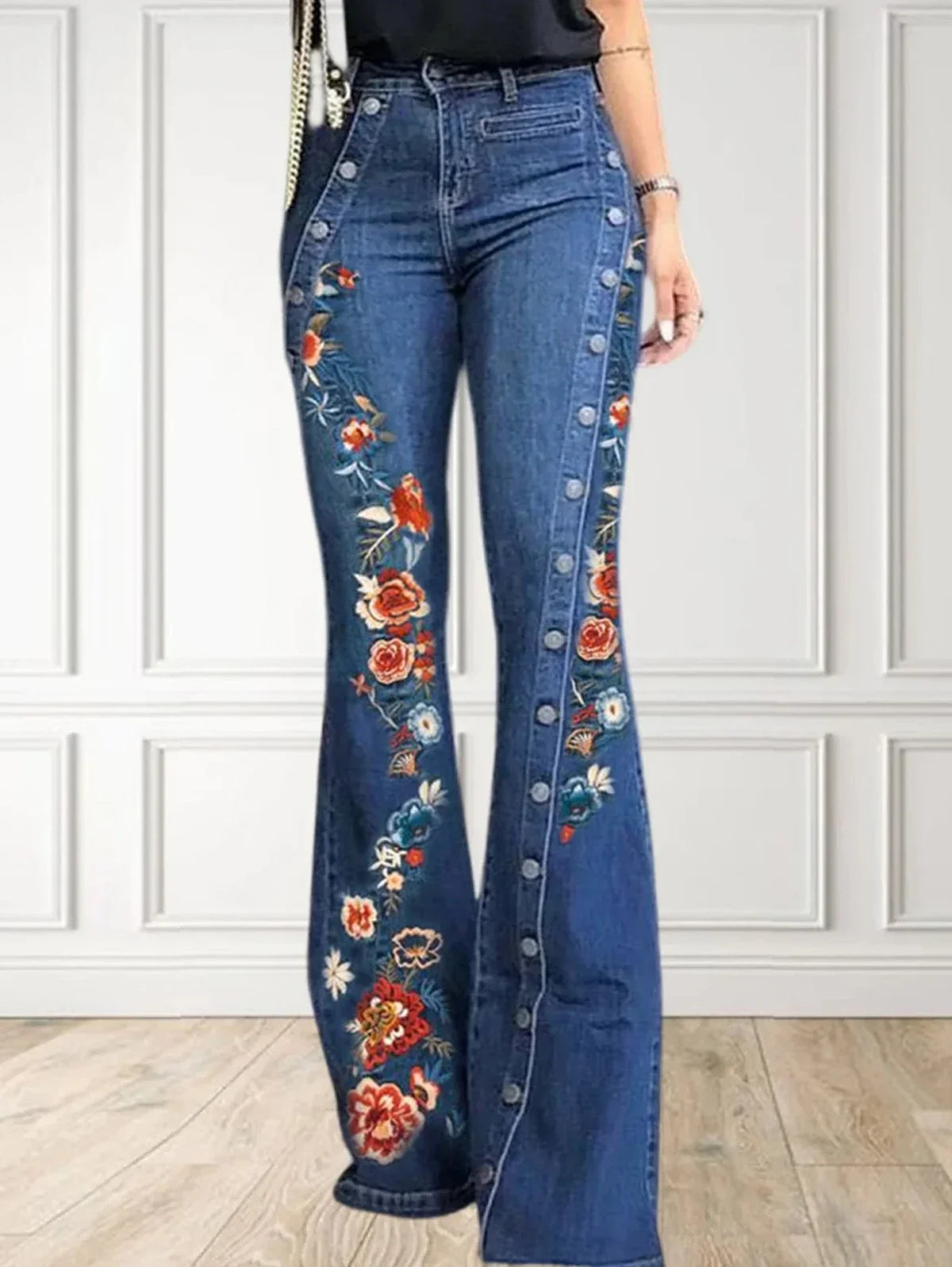 Plus Size Women Jeans Plain Button Decor Flare Leg Long Denim Pants Floral Embroidery Female High Waist Button Wide Leg Jeans Blue