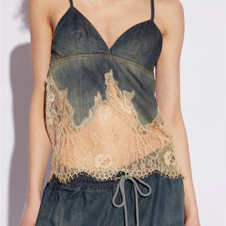 Spliced Lace Denim Two Piece Set For Women V Neck Sleevelss Top High Waist Knee Length Pant Streetwear Sets Female