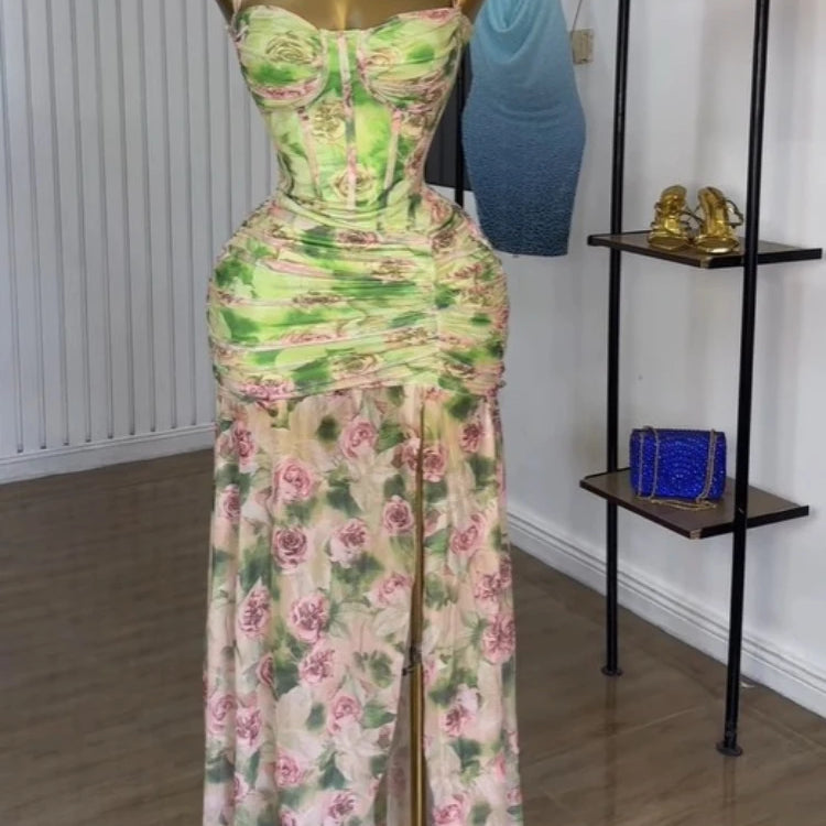 CM.YAYA Women Sleeveless Floral Print Strap Stacked Ruched High Split Tunic Maxi Long Dress 2025 Birthday Vacation Beach Dresses