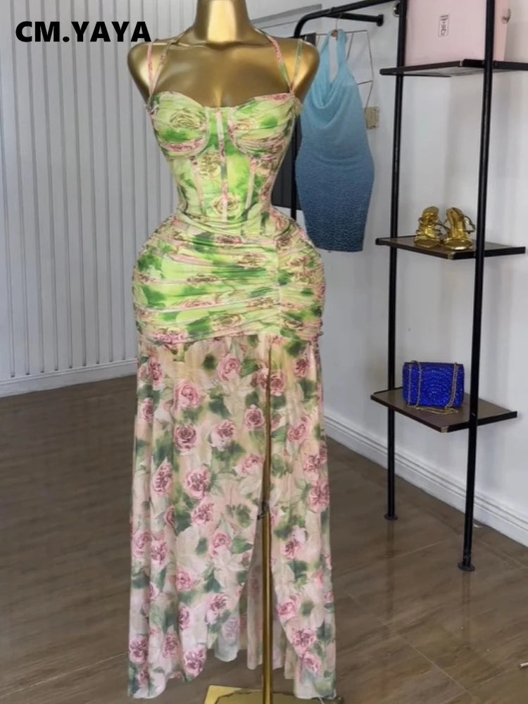 CM.YAYA Women Sleeveless Floral Print Strap Stacked Ruched High Split Tunic Maxi Long Dress 2025 Birthday Vacation Beach Dresses