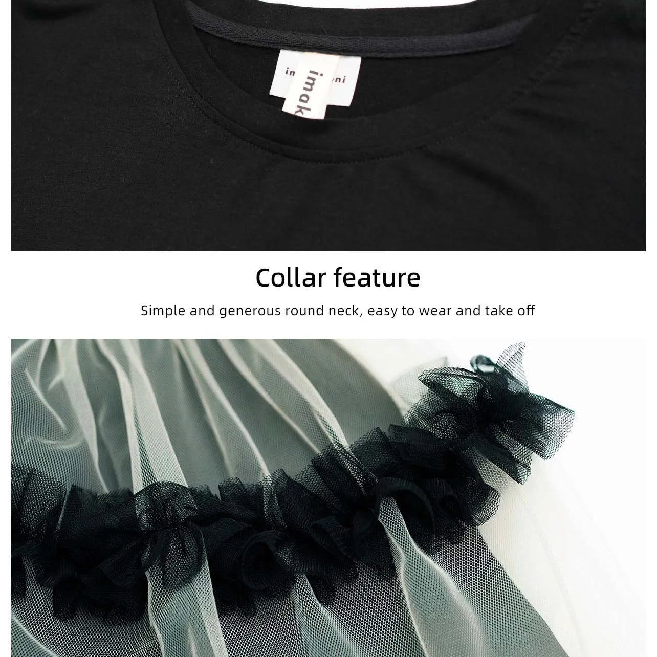 IMAKOKONI Original Design Black Short Sleeve Dress Mesh Splice Casual Loose Fit Dress 234147