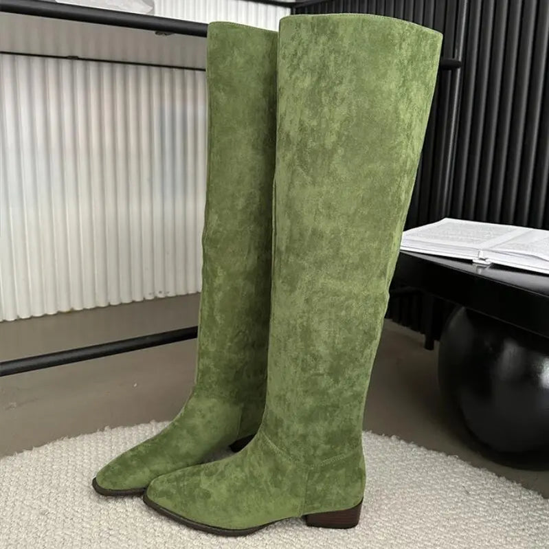 Low Heel Pleated Boots Autumn Winter New Square Head Knee Length Long Boots Suede Women's Shoes Black Beige Green Gray army green