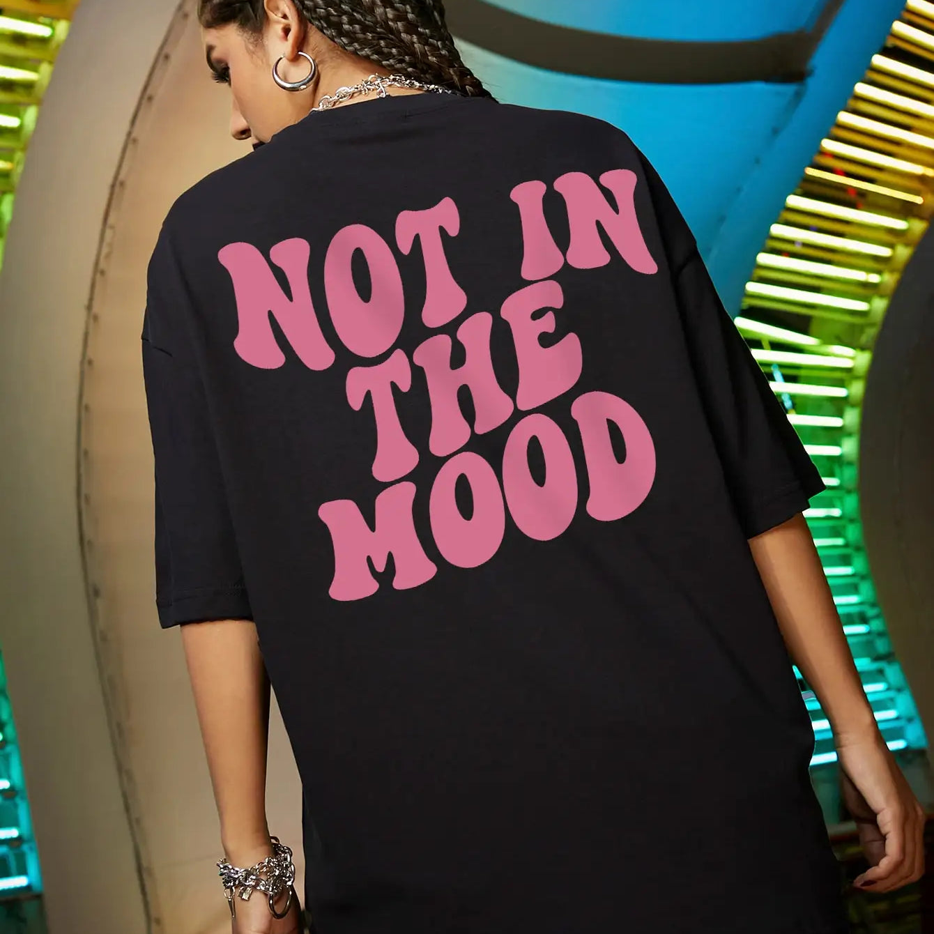 Not In The Mood Pink Letter Print T-Shirts Women Summer Cotton Clothing O-Neck Oversized Short Sleeve Breathable Casual Tshirt