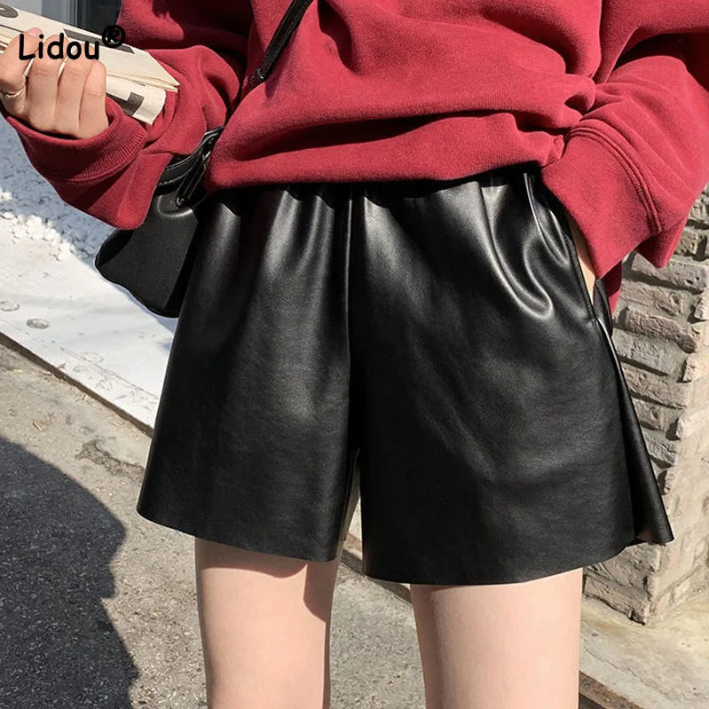 2023 Autumn Winter Korean Solid Color Leather Shorts Trend Women's Clothing All-match Casual Elastic High Waist Pants For Female