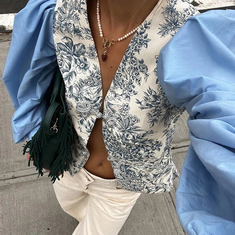 Chic Patchwork Print Floral Shirt Women V-neck Coil Buckle Lantern Sleeve Split Female Blouse Spring Summer Lady Streetwear